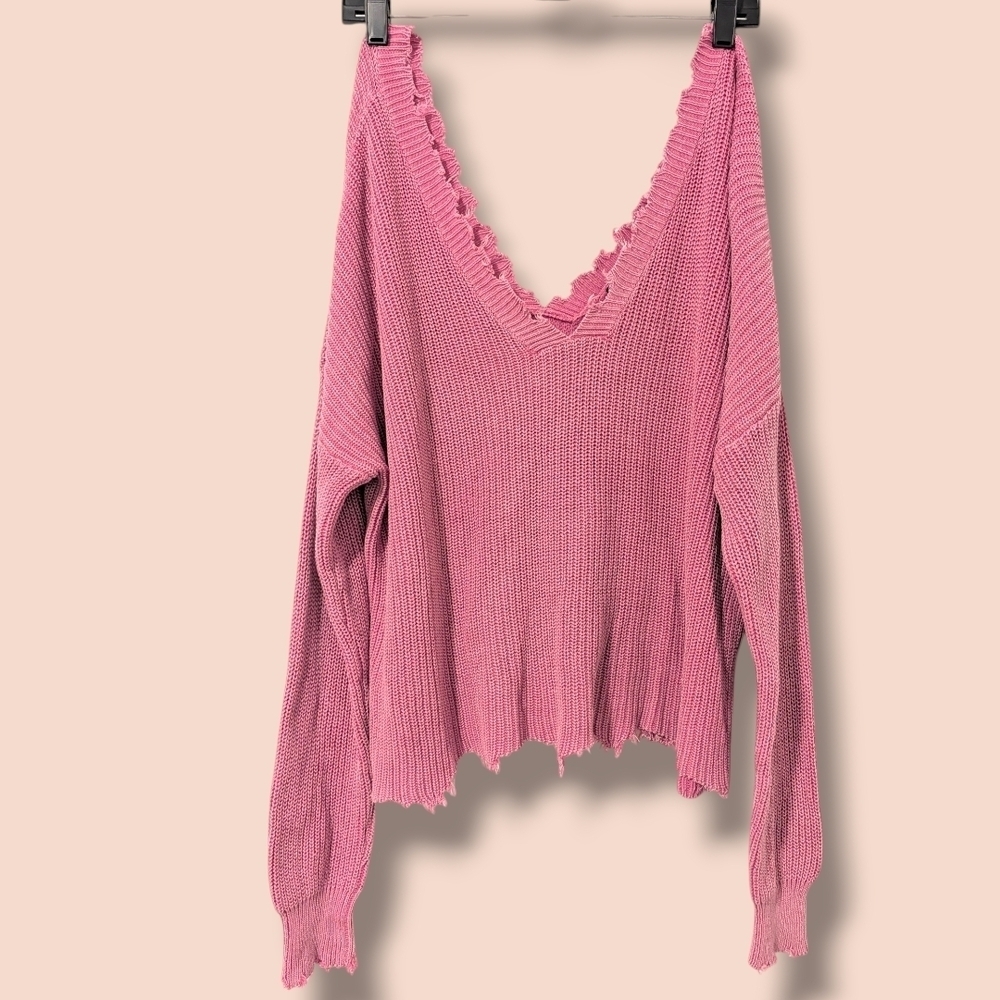 Vici Pink Ribbed 100% Cotton Distressed Frayed Drop Shoulder Slouchy Sweater